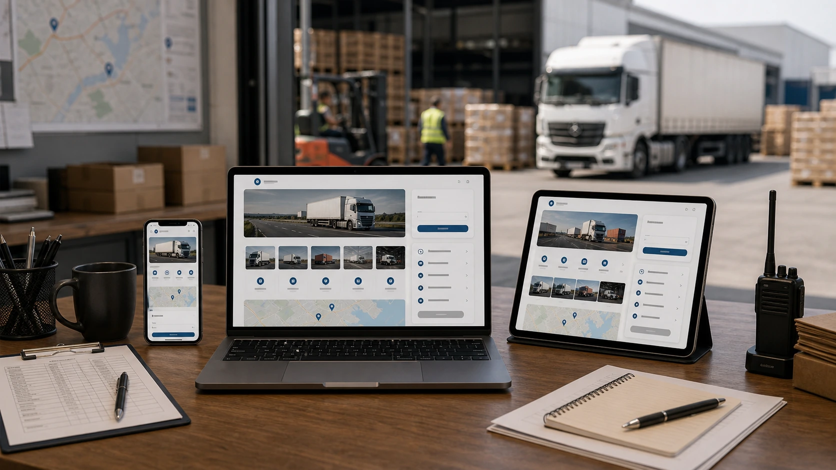 Pantalla o composición visual mostrando servicios, fotos, ubicación, contacto, propuesta comercial y estructura de servicio de transporte de carga de forma clara.