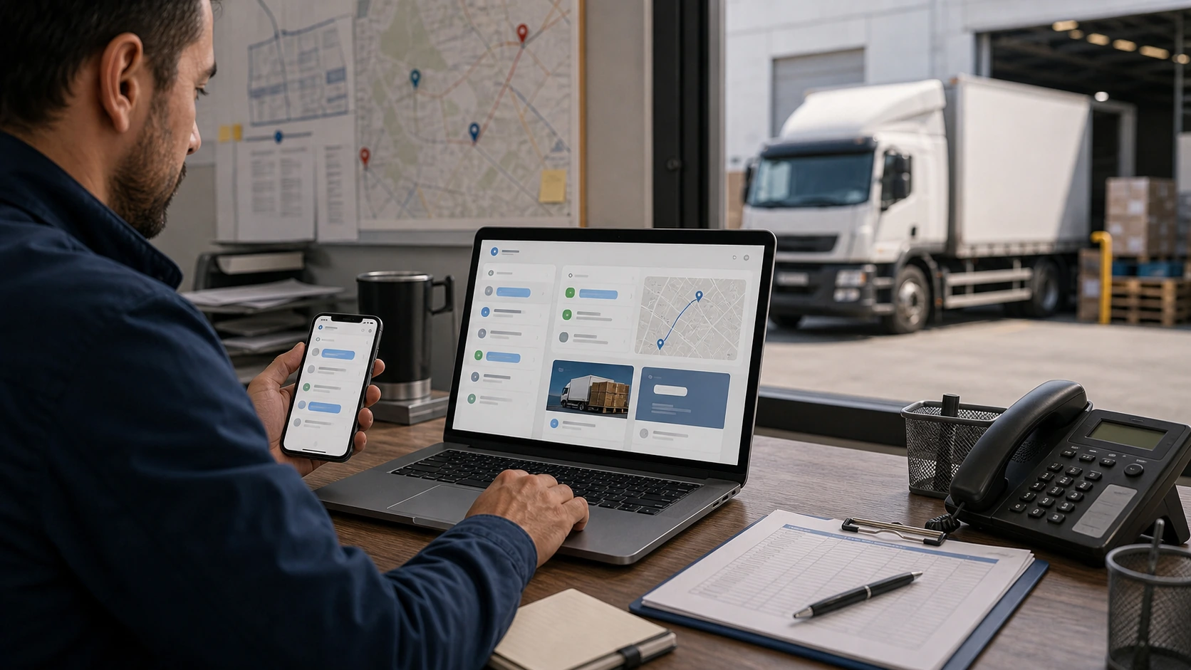Persona o equipo de servicio de transporte de carga gestionando consultas, turnos, reservas, pedidos, presupuestos o mensajes desde notebook/celular.