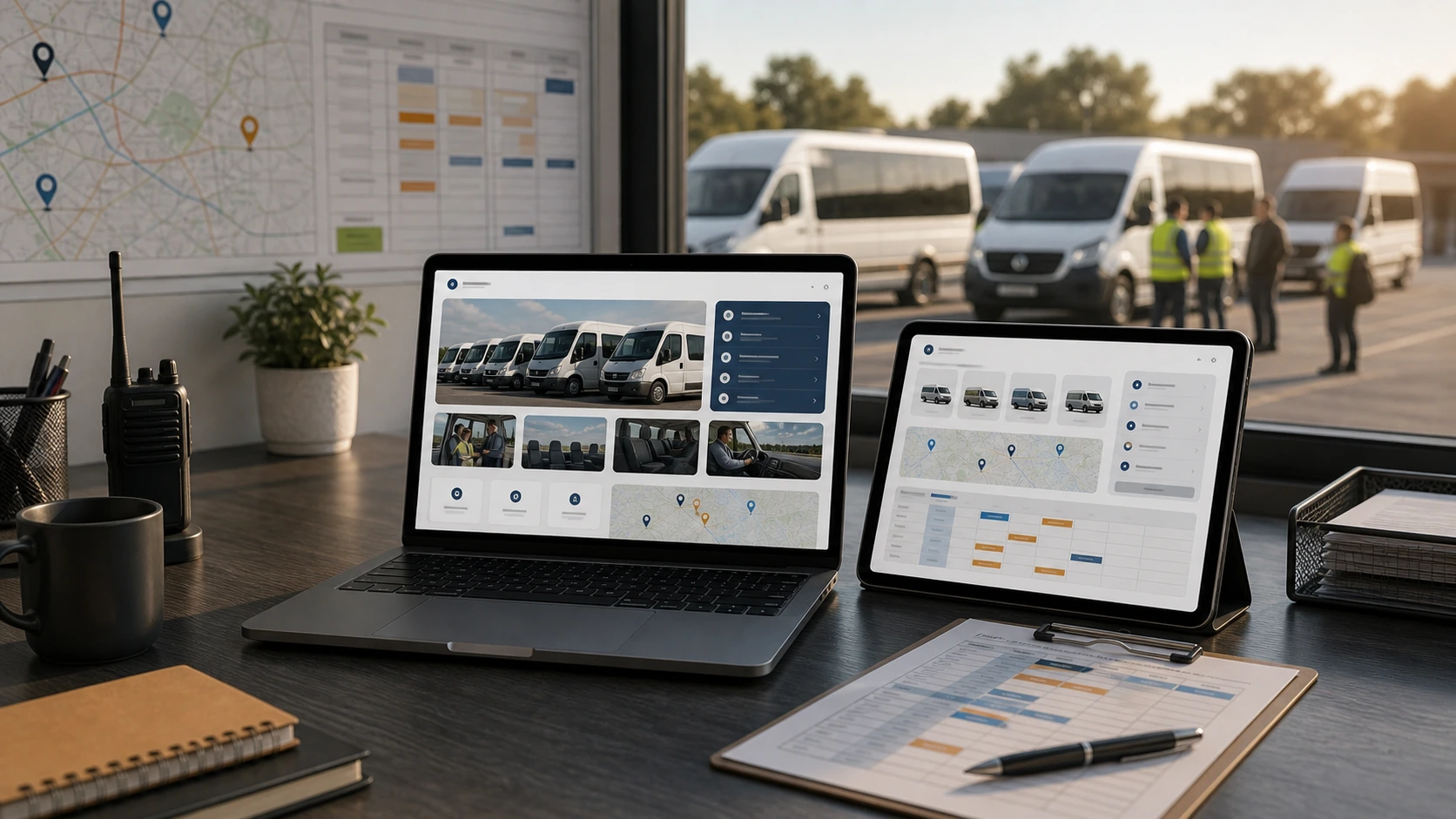 Pantalla o composición visual mostrando servicios, fotos, ubicación, contacto, propuesta comercial y estructura de servicio de transporte de personal de forma clara.