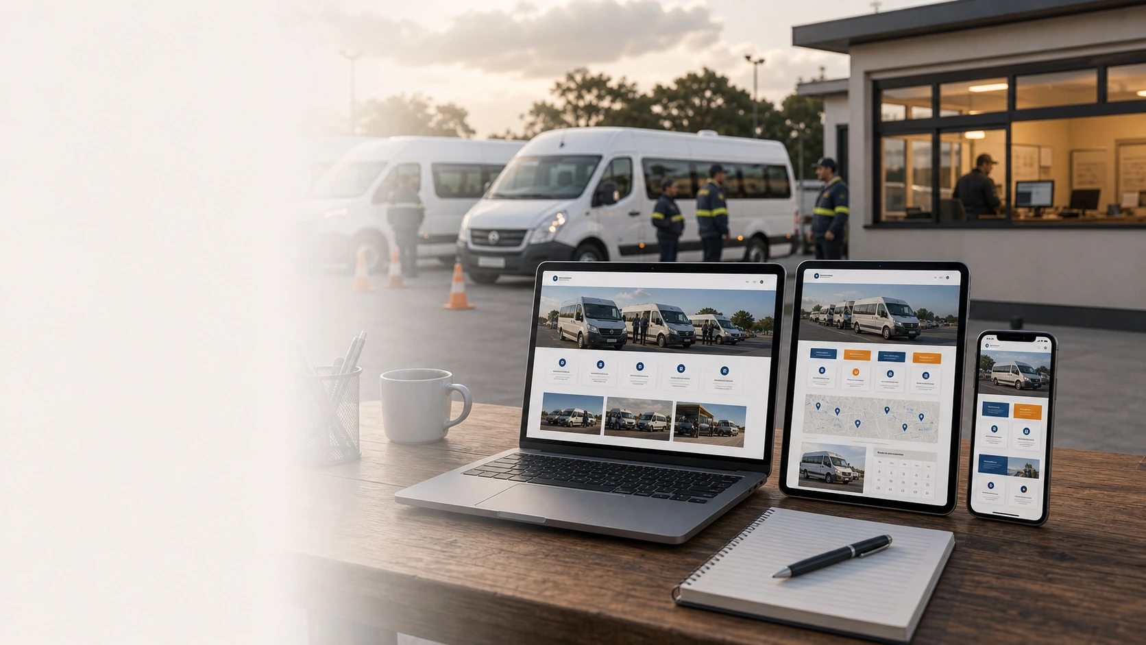 Mockup comercial premium para la sección hero de servicio de transporte de personal: computadora, tablet y teléfono mostrando una web del rubro, fondo realista del contexto.