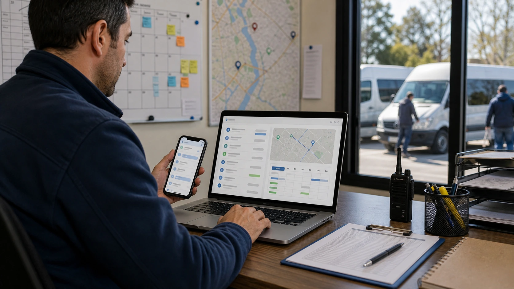 Persona o equipo de servicio de transporte de personal gestionando consultas, turnos, reservas, pedidos, presupuestos o mensajes desde notebook/celular.