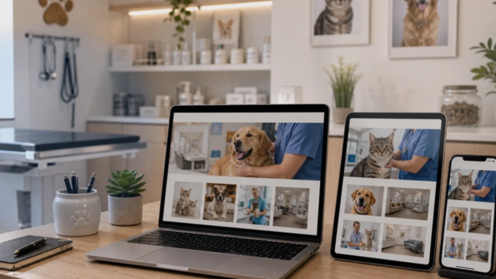 Pantalla o composición visual mostrando servicios, fotos, ubicación, contacto, propuesta comercial y estructura de veterinarias de forma clara.