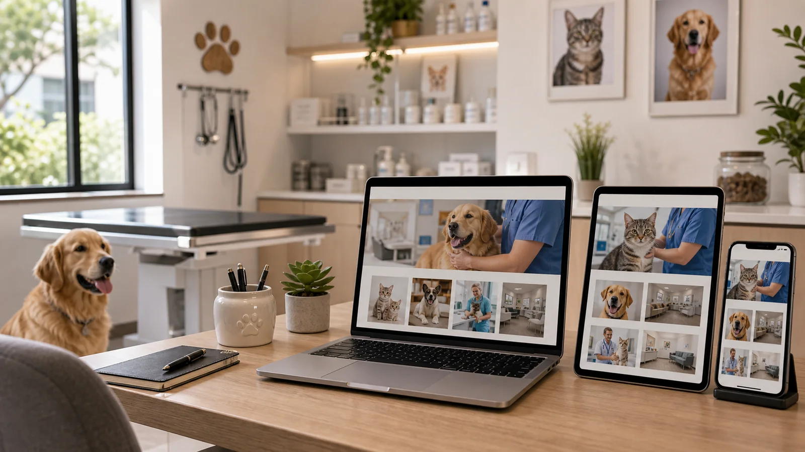Mockup comercial premium para la sección hero de veterinarias: computadora, tablet y teléfono mostrando una web del rubro, fondo realista del contexto.