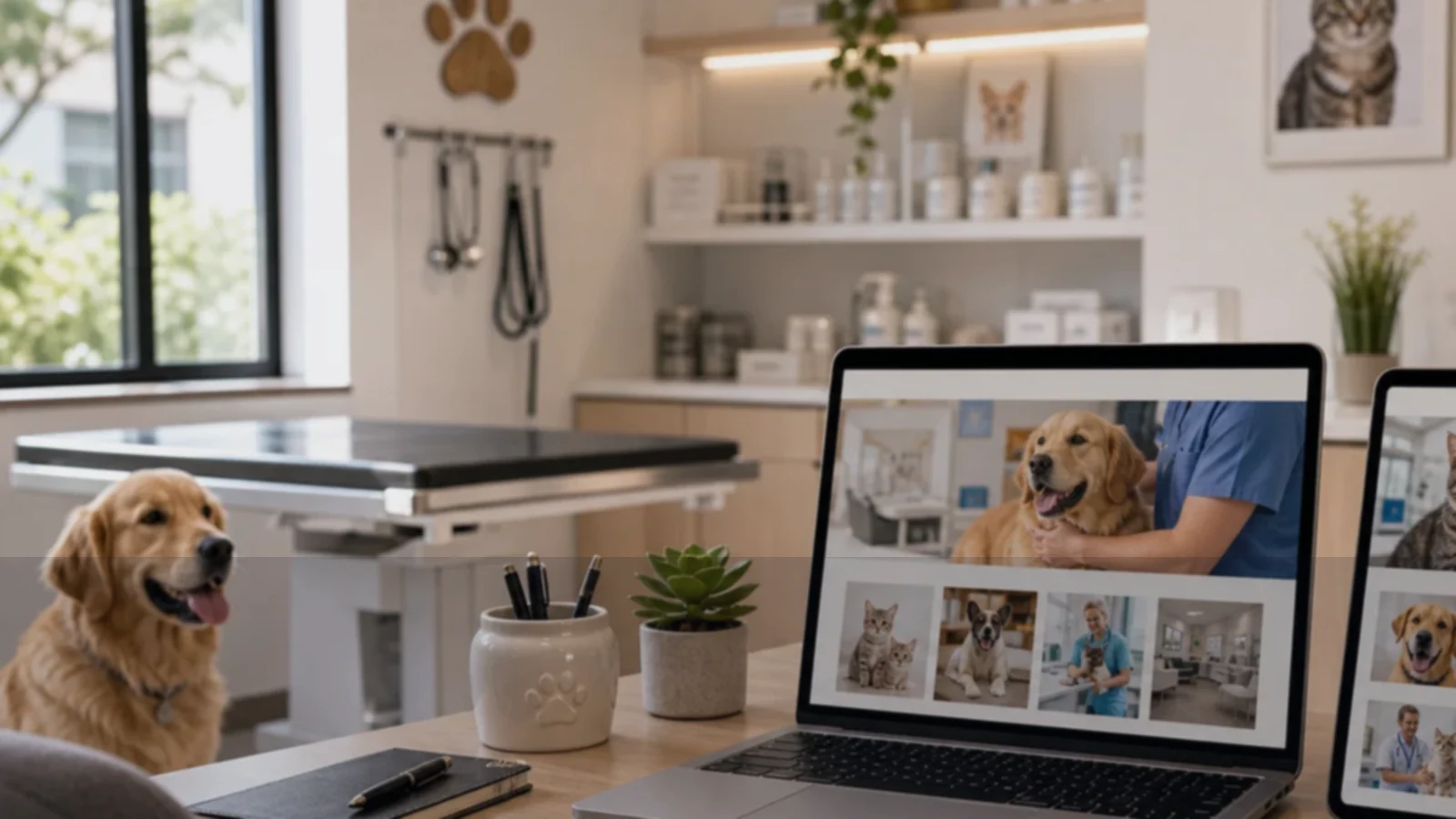 Persona o equipo de veterinarias gestionando consultas, turnos, reservas, pedidos, presupuestos o mensajes desde notebook/celular.
